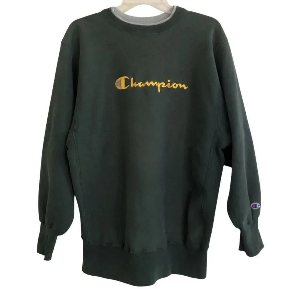 VTG Champion Reverse Weave Sweatshirt Mens Sz XL Crewneck Green Gold Embroidered